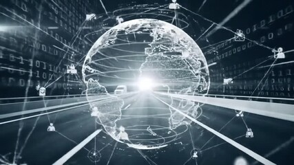 Global Network over Highway with Data Stream and White Van - Powered by Adobe