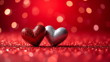 Two glittery hearts on a red glitter background with bokeh lights, perfect for valentines day theme