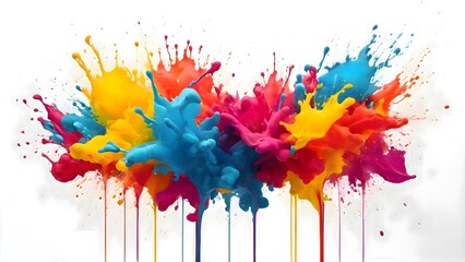 Brightly colored paint splattered across a white surface with a light background, creating an abstract artistic texture full of vivid tones and expressive creative energy