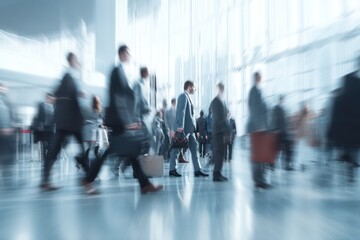 Fototapeta na wymiar Blurred motion crowd of business people in office lobby