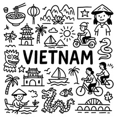 Fototapeta premium travel doodle composition with vietnam culture icons and traditional holiday elements, Transparent Background