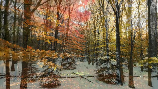 A forest transitioning through the four seasons from vibrant green to autumn colors and winter snow in a captivating timelapse nature, autumnal, biodiversity