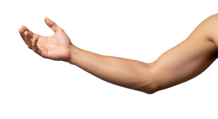 Isolated human arm reaching out, showing skin tone and musculature, in studio shot