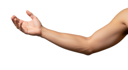 Isolated human arm reaching out, showing skin tone and musculature, in studio shot