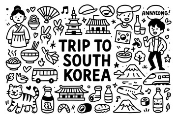 travel doodle composition with south korea culture icons and traditional holiday elements, Transparent Background