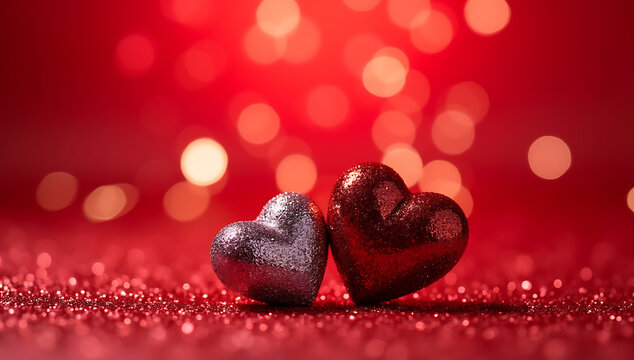 A red and silver glitter heart on a red glitter surface with a red bokeh background for valentines day