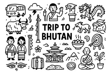 travel doodle composition with bhutan culture icons and traditional holiday elements, Transparent Background