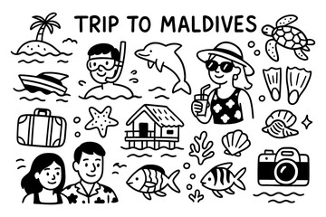 travel doodle composition with maldives holiday icons and tropical elements, Transparent Background