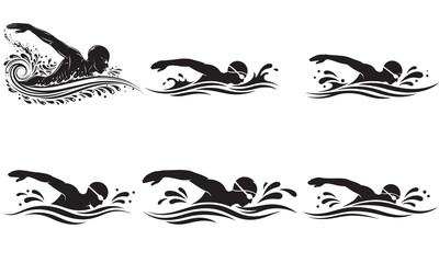 Dynamic Swimmer Illustrations A Silhouette Collection Showcasing Aquatic Movement and Graceful Strokes in Watersports and Athleticism Black and White Design