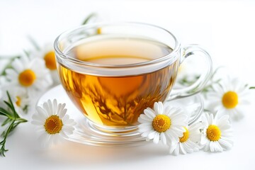 Chamomile herbal tea in glass cup with fresh daisies on white background.