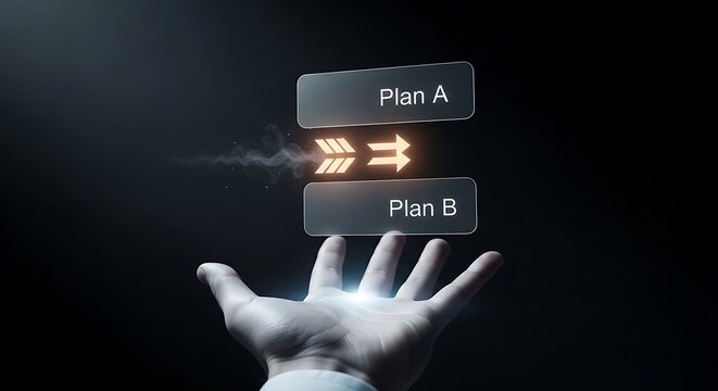 Hand holding plan a and plan b options with illuminated choice in the middle concept