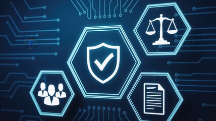 Naklejka premium Security shield law scales and document icons digital protection concept blue bac