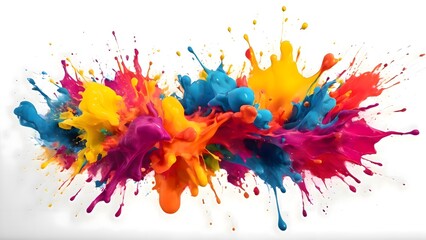 Brightly colored paint splattered across a white surface, creating vibrant abstract textures and expressive patterns in a dynamic and visually engaging artistic composition