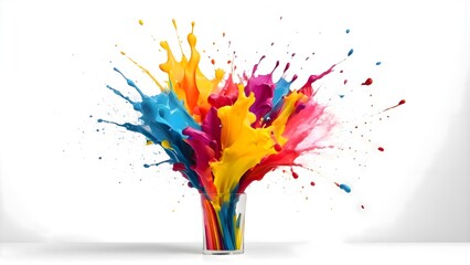 Brightly colored paint splattered inside a glass vase placed on a white surface, showing vibrant textures, dynamic patterns, reflections, and artistic creative composition