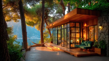 A modern treehouse villa with glass walls, a wooden deck among the treetops, and a hammock overlooking a valley