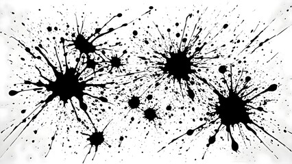 Black ink splatters on a white background creating dynamic abstract textures and visual artistic patterns in a modern and creative composition