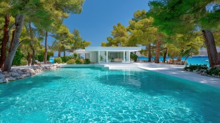 A sleek modern summer villa with white walls and floor-to-ceiling windows, overlooking a turquoise infinity pool, surrounded by palm trees, bright daylight
