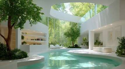 A sleek summer house with an all-white interior, curved furniture, and a private courtyard with a minimalist plunge pool