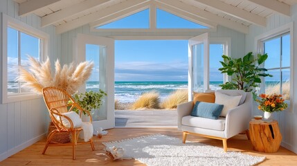 Minimalist summer house with open-plan living space, neutral-toned furniture, and large sliding glass doors leading to a wooden deck with ocean views