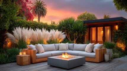 Scandinavian-inspired summer home with light wood interiors, linen textiles, and a cozy outdoor seating area with a fire pit, golden hour lighting