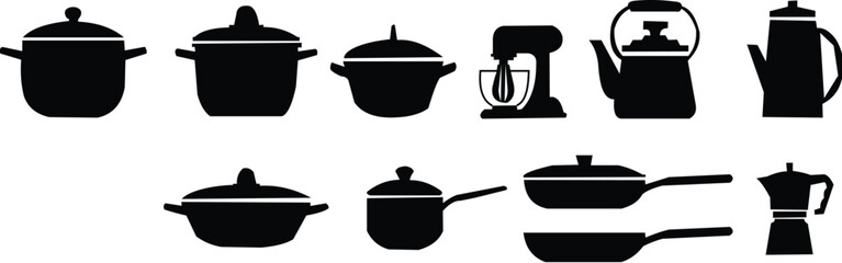 big set of kitchen utensil, silhouette pots pans ladle kettle , coffee maker mixer blender icon stock vector