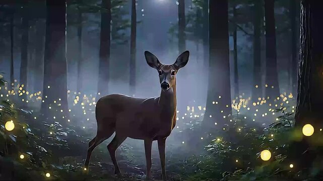 Deer in the forest with a beautiful night atmosphere accompanied by the light of fireflies.