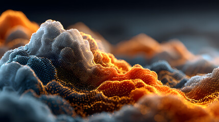 Abstract 3D illustration of cloud computing and data transfer, showing IaaS, PaaS, AI, and backup technology concepts with digital clouds and electric data streams.