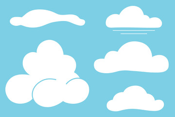 White cloud silhouettes set isolated on a blue background. Different cloud shapes.  Icon set, vector illustration.