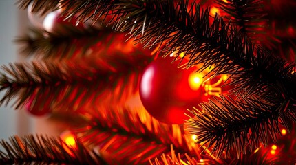 Tight close-up of a Christmas tree under warm, strong hard light, showing reds, oranges, and yellows with direct shadows