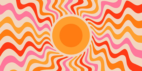 Sunrays retro background. Vintage sun vector summer 70s poster. Abstract swirl groovy design with grunge texture. Paper banner with psychedelic orange and pink spiral beams on pastel backdrop.