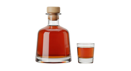 Isolated bottle and glass of amber liquid alcohol spirit liqueur or schnapps no background