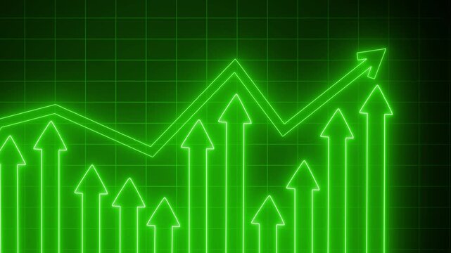 Neon Arrows Indicating Growth and Decline, Animated Bar Chart Background in Neon
