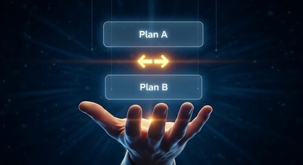 Hand reaches for glowing digital interface offering plan choice between plan a and plan b options
