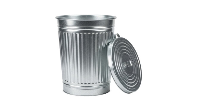 Isolated silver metal trash can with a lid slightly ajar on a seamless backdrop in studio lighting