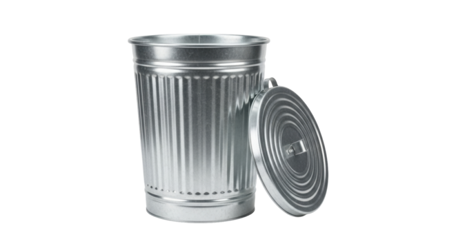 Isolated silver metal trash can with a lid slightly ajar on a seamless backdrop in studio lighting