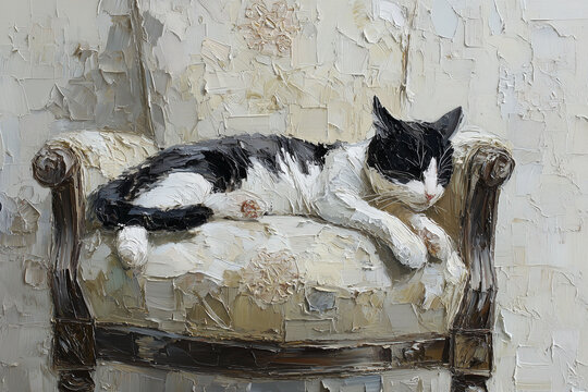 Charming impasto oil painting of a relaxed cat lounging on an elegant armchair in a cozy room