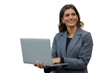 Adult businesswoman holding laptop, smiling, thinking and brainstorming, working with technology, transparent background