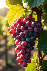 Fototapeta premium Red and purple grapes on a vine in sunlight.