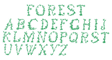 Alphabet letters a through z made of green vines and leaves on a white background with forest word