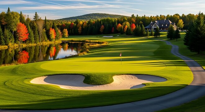 Autumn golf course with serene lake