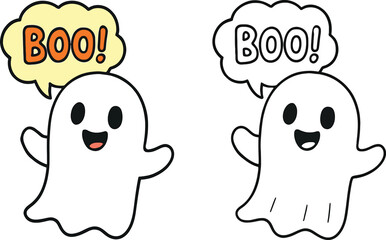 Halloween spooky illustration, funny kawaii spirit in blue vest, kids friendly ghost drawing for decoration and comics