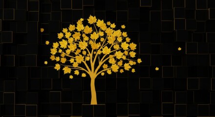Golden tree on black geometric grid with sparkles — modern luxury wall mural