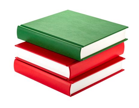 Stack of three hardcover books with green and red covers isolated on transparent background