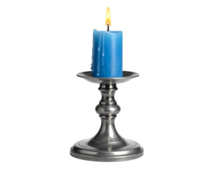 Blue candle in ornate silver candlestick isolated on transparent background