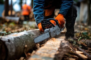 Construction Worker Cutting Tree with Chainsaw Close-up