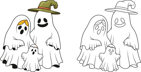  Cute Ghost Family with Witch Hat | Fun Halloween Cartoon Illustration