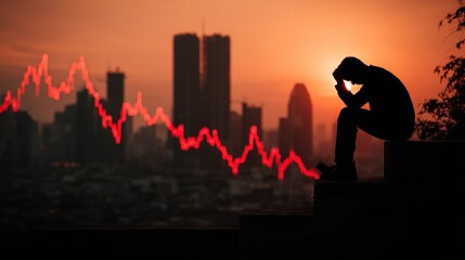 A silhouette of a man sitting on a ledge with a red stock market graph in the background.