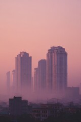 Obraz premium Ethereal Pink Haze Envelops Modern Skyscrapers at Dawn, Creating a Dreamlike Urban Landscape.