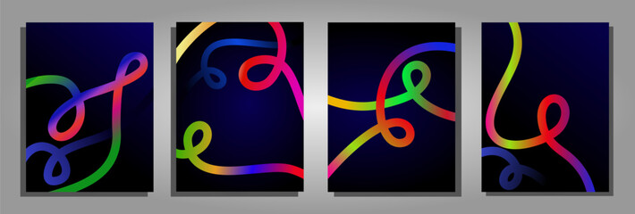Abstract colorful curves flowing across vertical frames. Colorful abstract flow with looping lines and contrast. Dynamic multicolor lines on deep blue-black background.