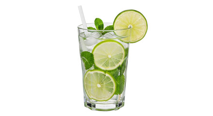 Isolated glass of mojito with lime, mint, ice, and a straw in clear summer light